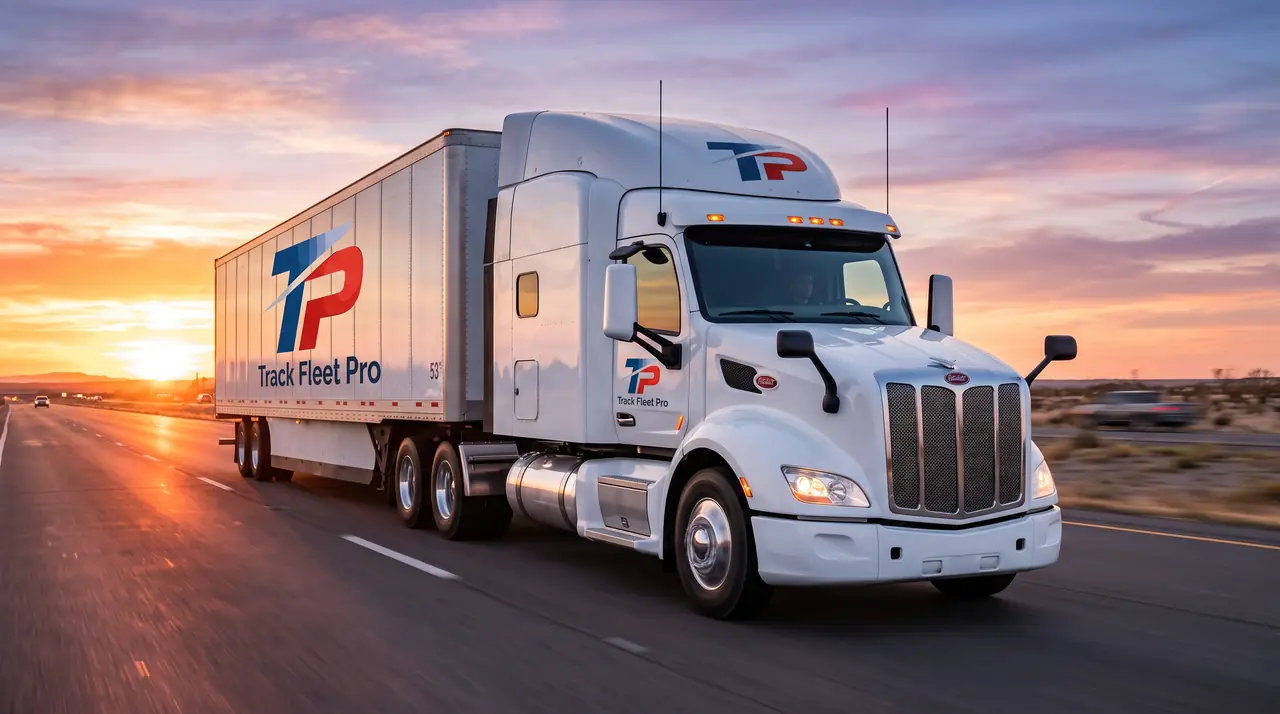 White Track Fleet Pro 1 truck driving on a highway at sunset